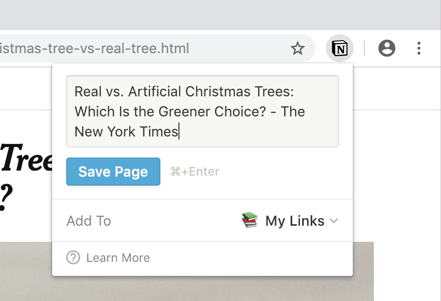 Una captura de pantalla del Web Clipper de Notion en un navegador mientras se guarda una página