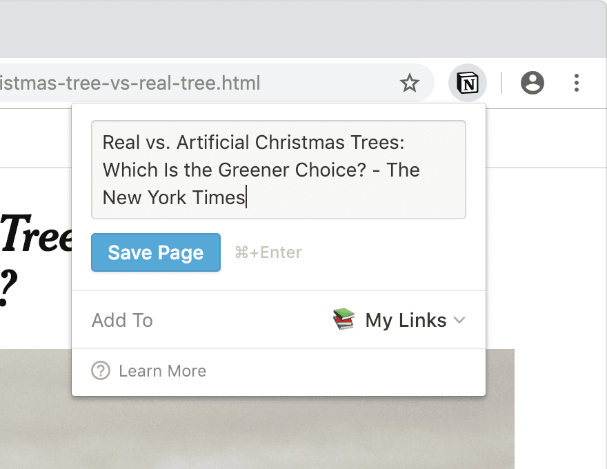 Una captura de pantalla de Web Clipper mientras guarda una página en Notion