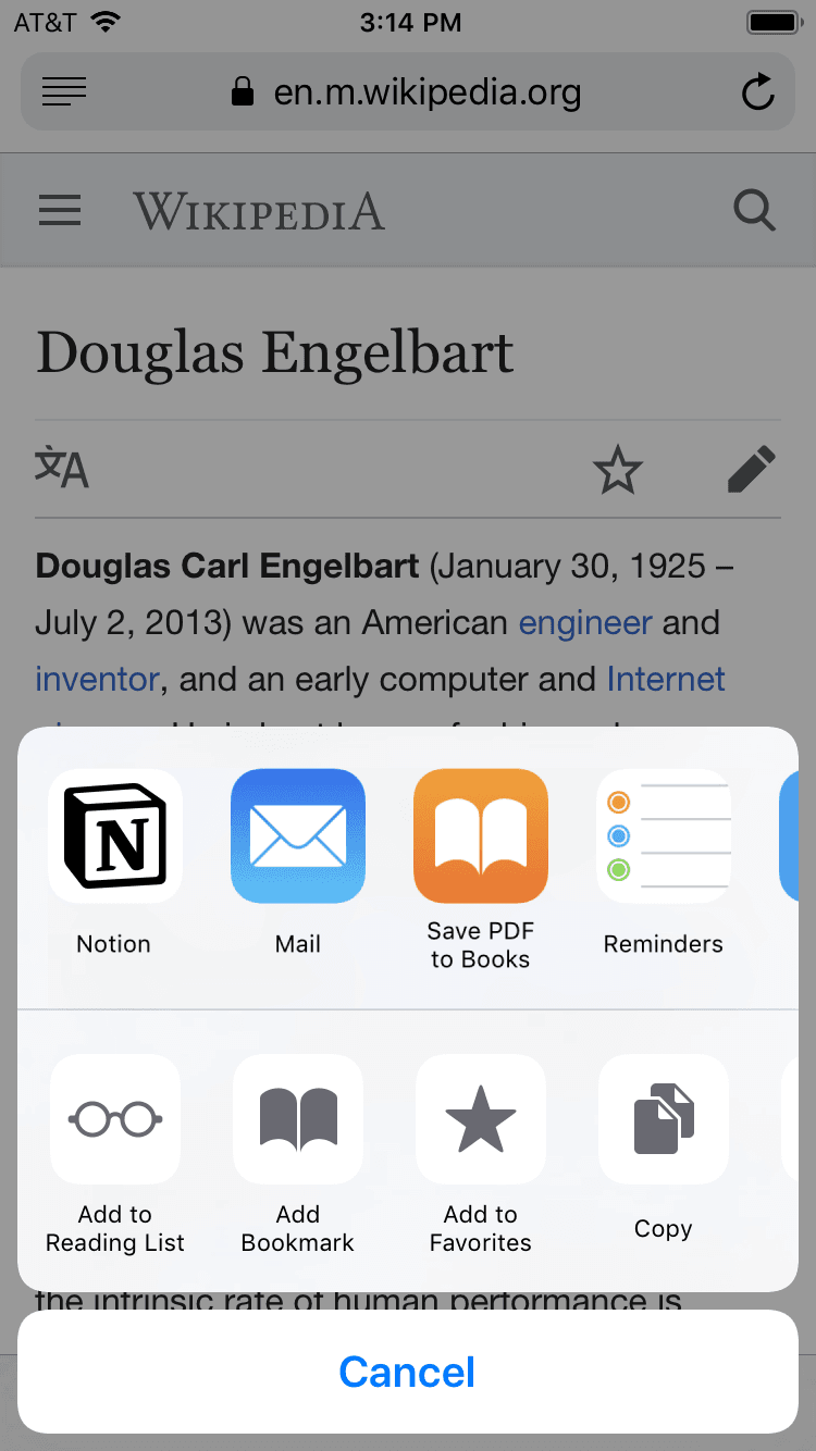 Una captura de pantalla de una hoja compartida de iOS que incluye a Notion entre otras aplicaciones en las que guardar enlaces