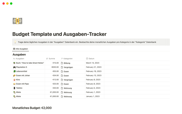 Budget Template und Ausgaben-Tracker