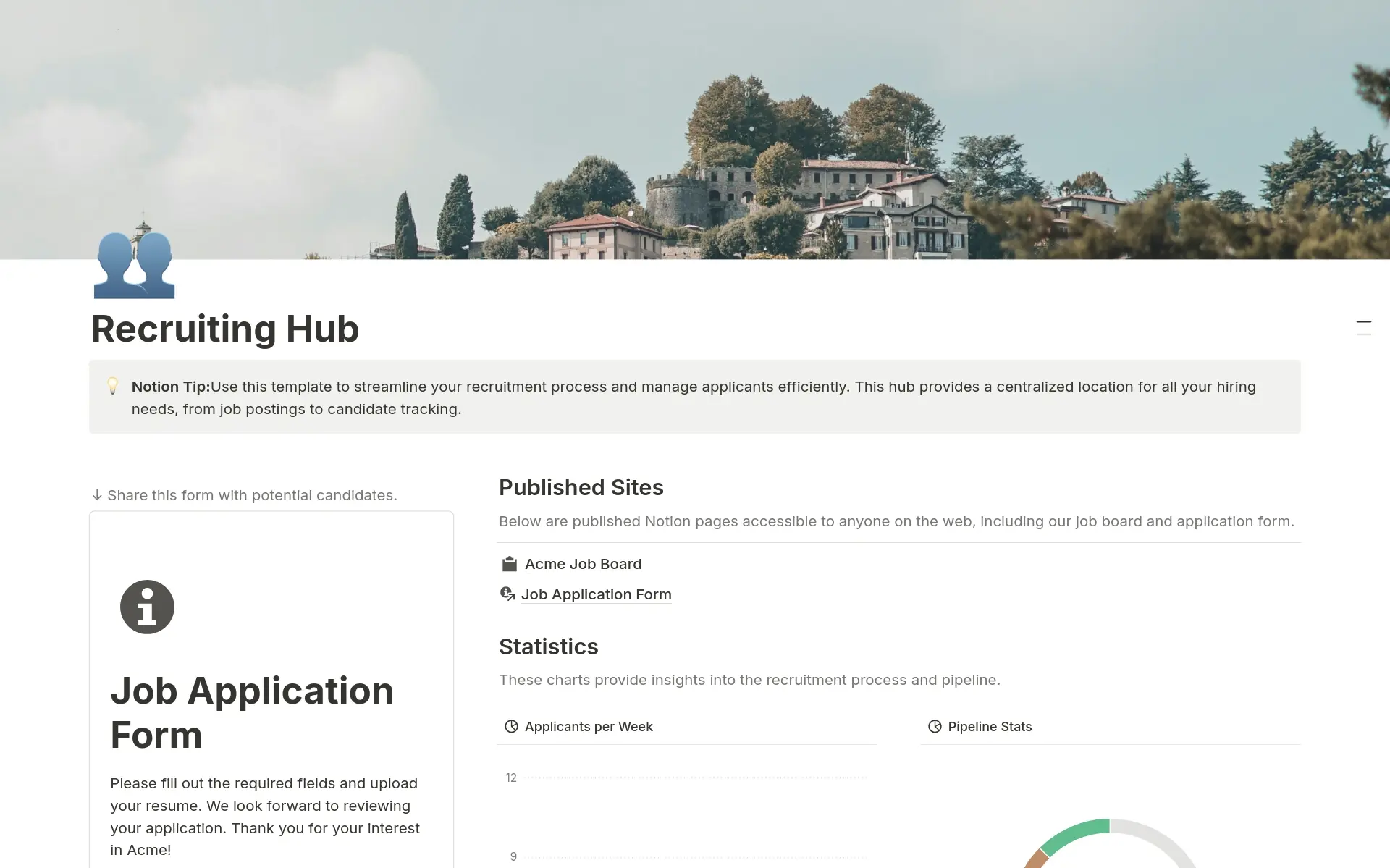 Vista previa de una plantilla para Recruiting Hub